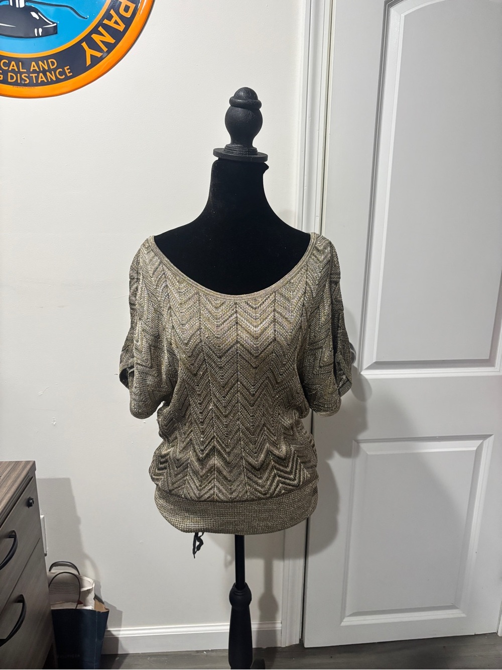 INC International Concepts Metallic Gold Chevron Scoop Neck Top